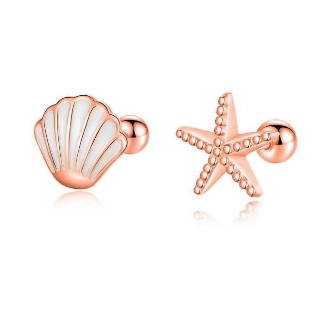 TrustDavis Real 925 Sterling Silver Sweet Asymmetrical Starfish Shells Screw Sted Earrings For Women Daughter Fine Jewelry DA2157