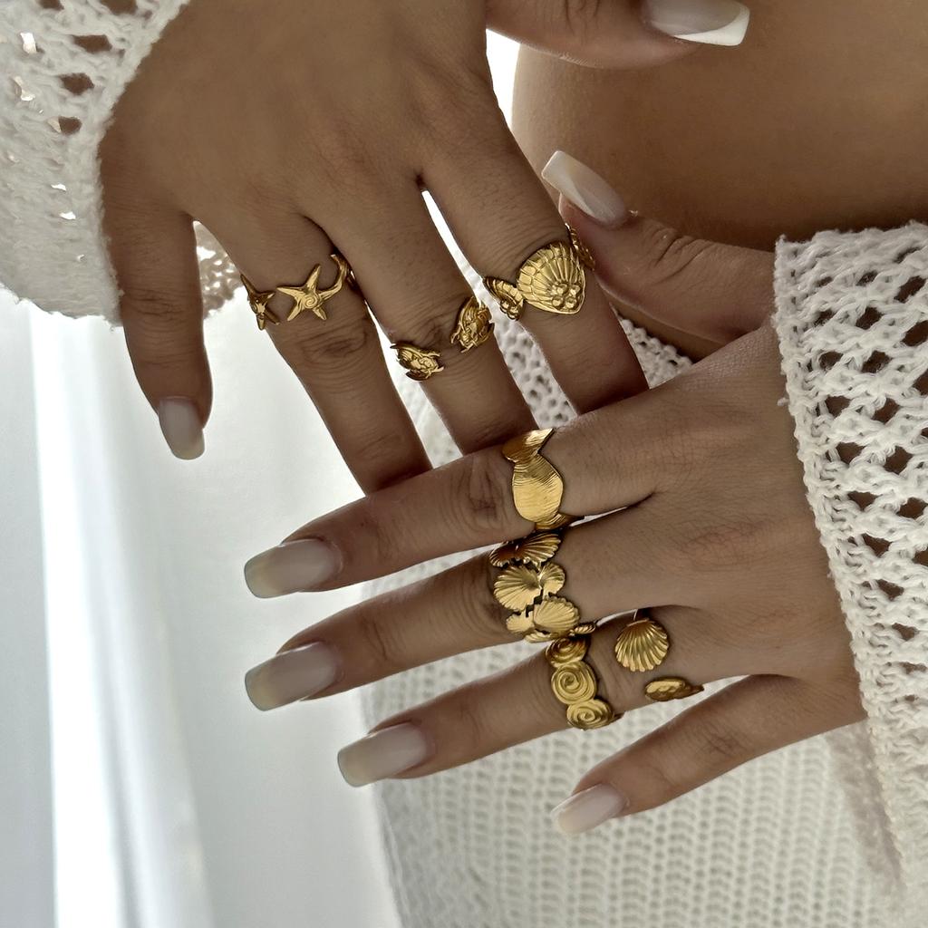 Vintage Gold Color Starfish Shell Rings for Women Stainless Steel Ocean Series Flower Stars Whale Adjustable Finger Ring Jewelry