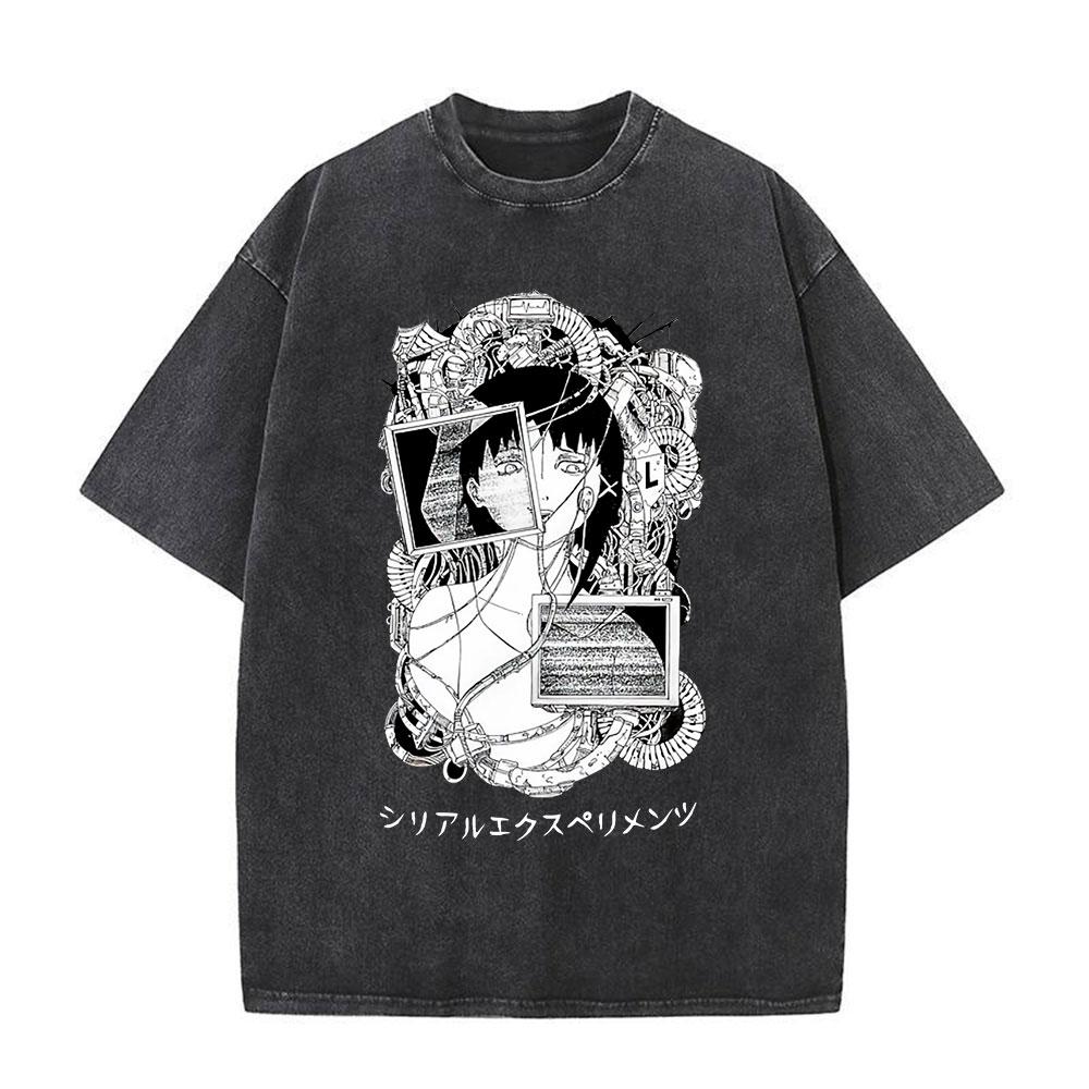 Serial Experiments Lain Anime Vintage Washed T-Shirt Manga Iwakura Girl Sci Fi Short Sleeve T-shirts 100% Cotton Casual T Shirt