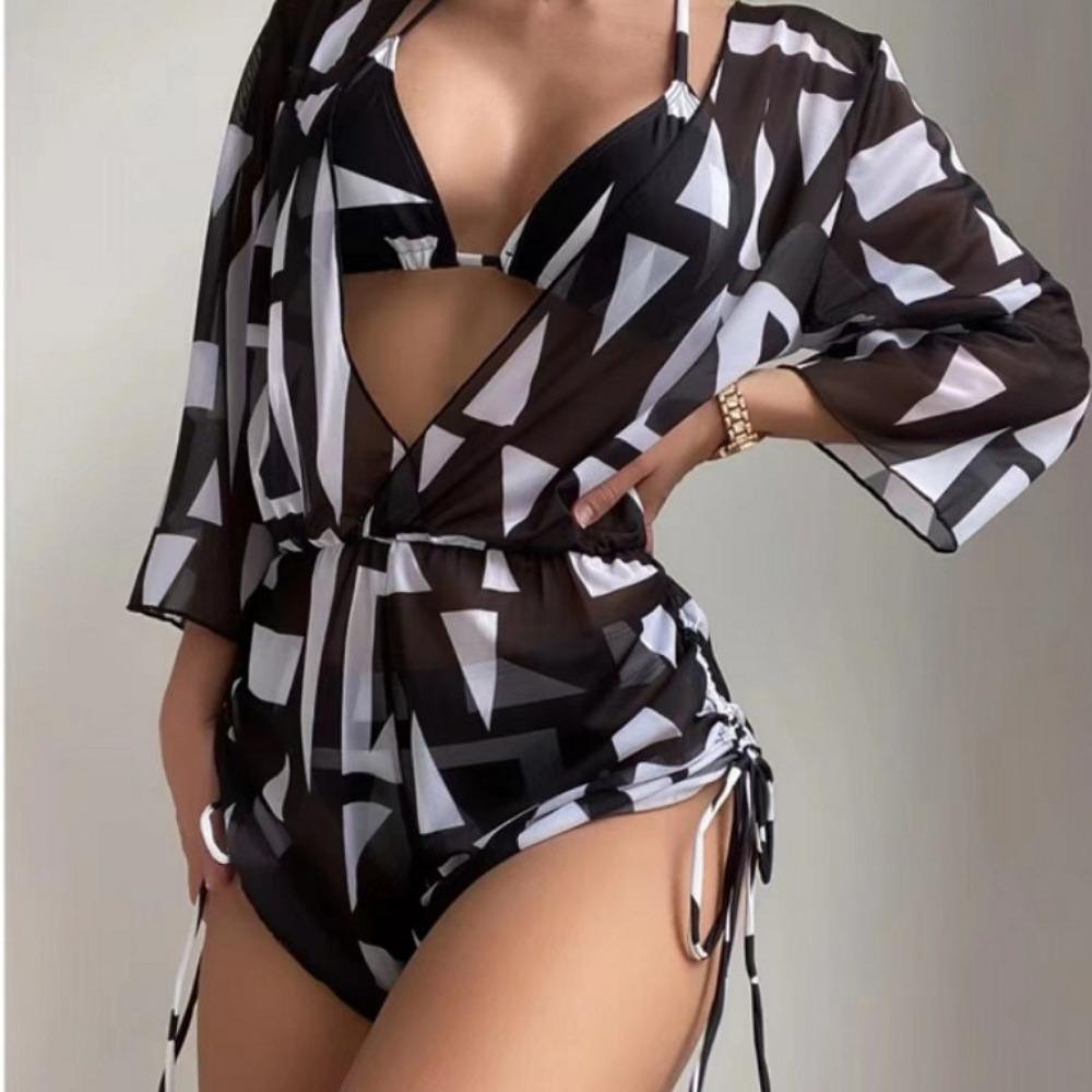 Купальник с сетчатой талией и длинными рукавами, высокая талия, принт, шнурок, европейское и американское бикини из трех частей