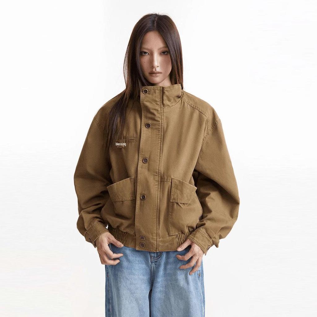 Унисекс Ретро Потертая Холщовая Куртка-Сарай - Прямой Крой, Стойка Воротник, Модный Стиль
