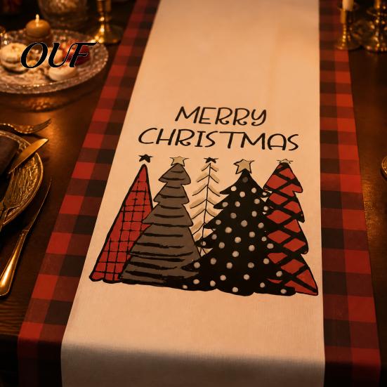Decorative Table Runner Christmas Runner, Xmas Tree Ball Reindeer Print Seasonal Tablecloth, Winter Holiday Party Dining Decoration Washable