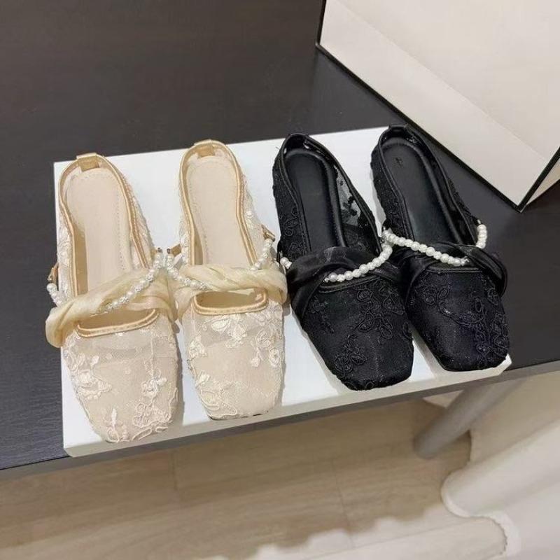 Fashion Fashion Baotou Slippers Summer New Square Toe Shallow Mouth Beaded Soft Sole Non-slip Wear-resistant Flat Shoes