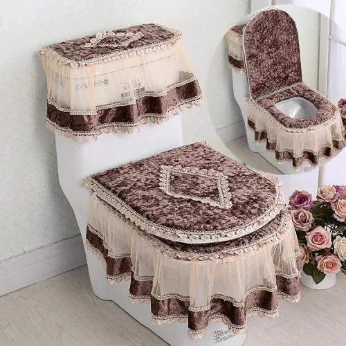 Вышитый край кружевной коврик для унитаза из 3 частей осенне-зимний бархатный чехол для унитаза U-образная молния сиденье для унитаза юбка стиль подол