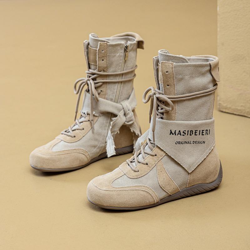 Canvas Martin Boots Women's New Summer Outdoor Hiking Shoes Inner Heightening Short Boots Wasteland Wind Spring and Autumn Medium Boots