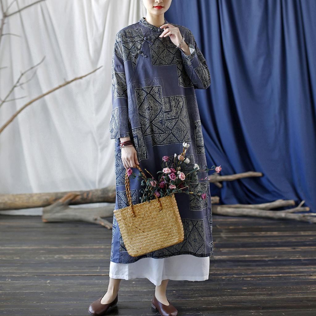 Johnature Women Print Floral Vintage Dress Stand Button Bat Sleeve Robes Autumn Ramie Chinese Style A-Line Dresses