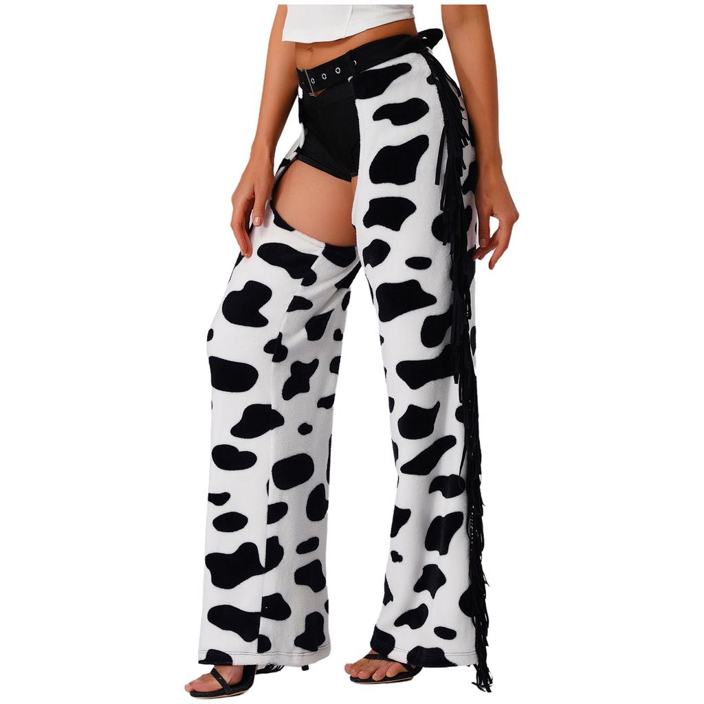 Womens Cow Spot Pattern Flannel Long Pants - with Side Tassel, Adjustable Waist, Open Crotch for Biking Riding Cowgirl Chaps Halloween Cosplay
