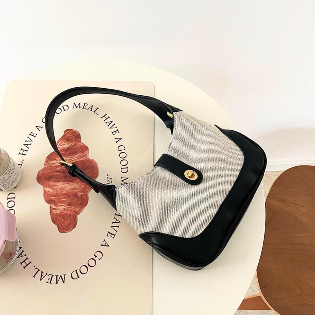 Shoulder Bag Handbag PU Leather Canvas Handbag Western Style Retro Black Brown [INTERLINKS JAPAN] Women's (Black)