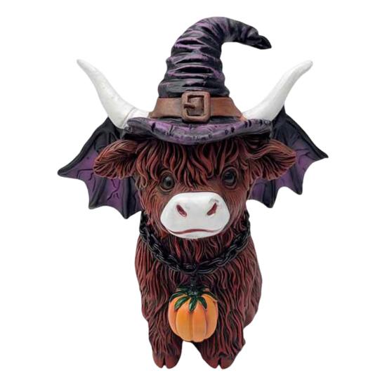 Halloween Highland Cow Resin Figurine Wizard Hat Pumpkin Broom Cattle
