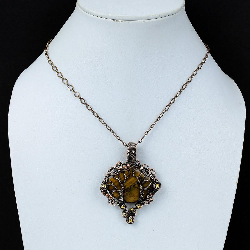 Древо жизни Тигровый глаз Драгоценный камень Чистая медная проволока Обернутая подвеска ручной работы Ювелирные изделия