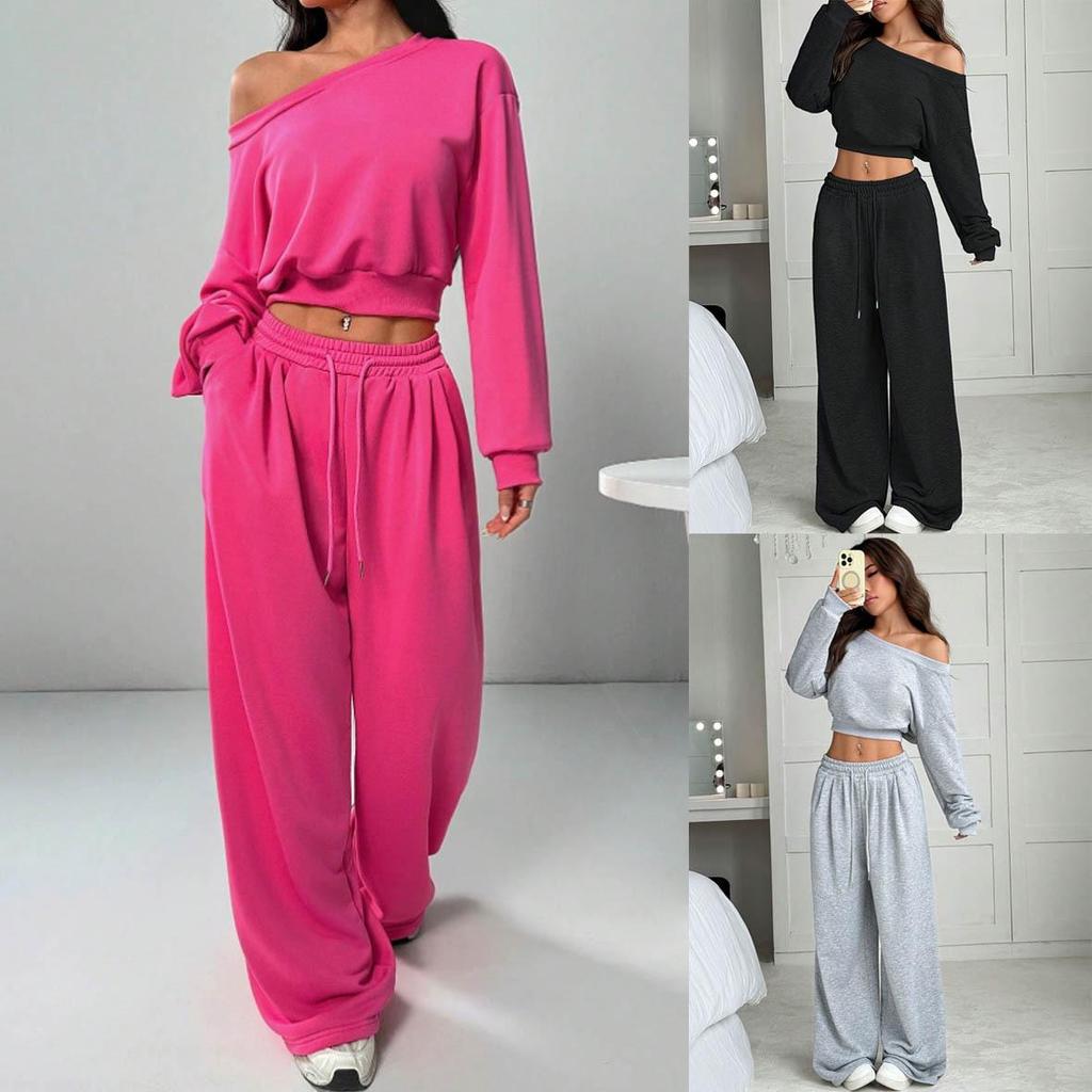 2025 Женский повседневный свитшот на одно плечо и вязаный комплект - Однотонный, Свободный крой, Варианты с коротким и длинным рукавом