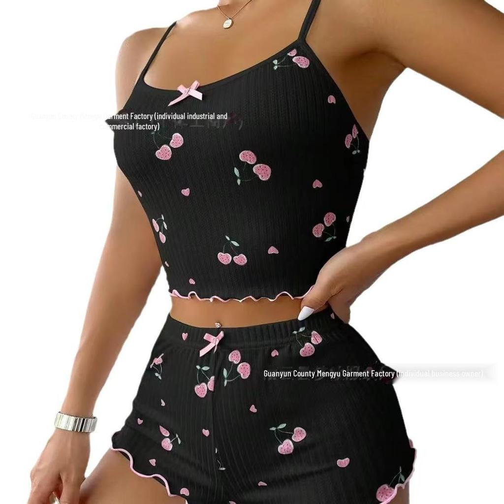 Пижамный комплект из сорочки и шорт с принтом вишни для женщин - коллекция 2024 года