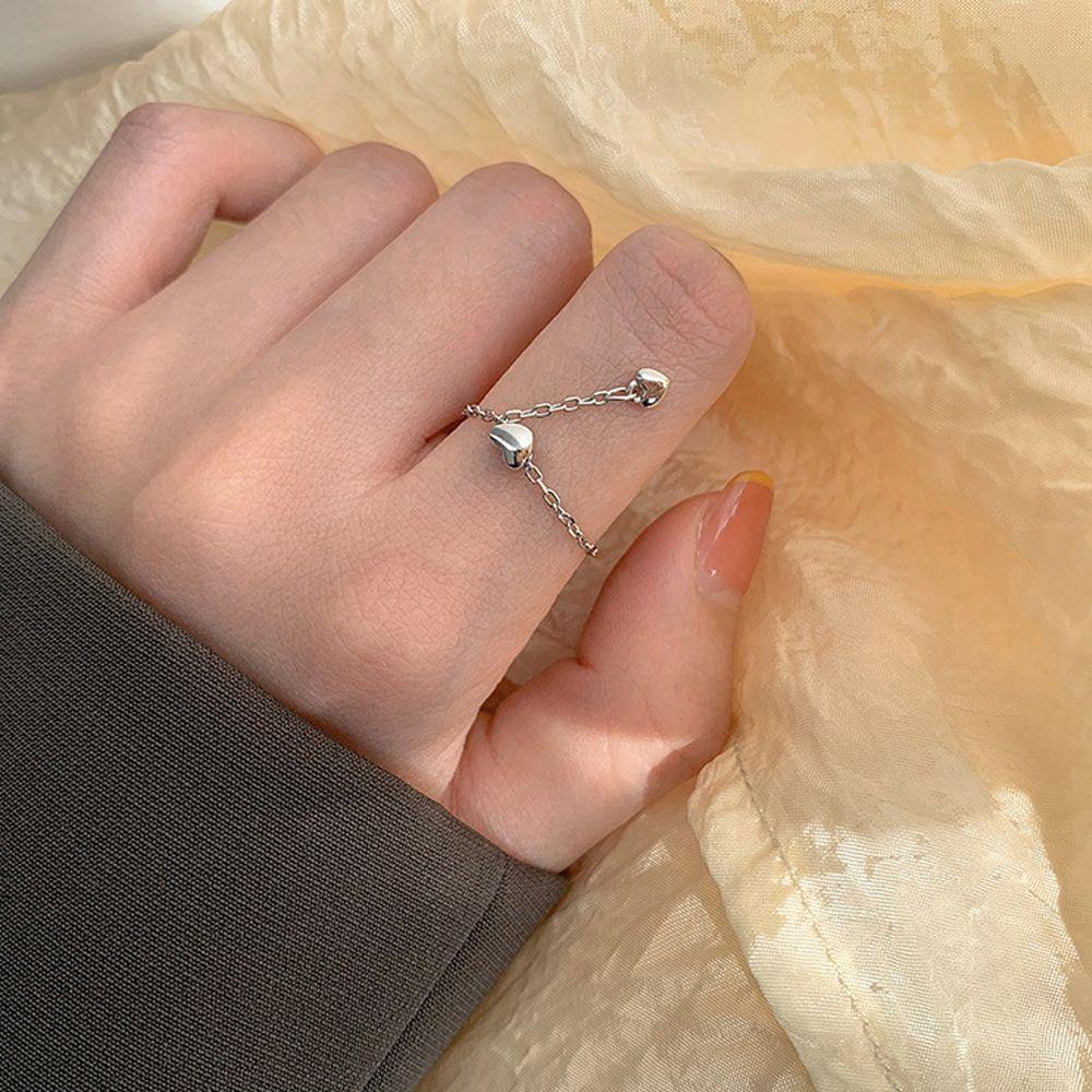 Sweet Trendy Adjustable Chain Bead Punk Women Rings Korean Finger Rings Finger Jewelry Heart