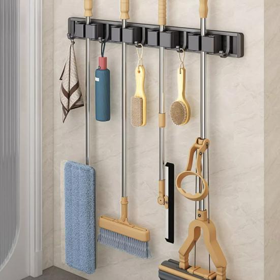 Органайзер для швабры и веника с 5 крючками, настенный, без перфорации, водонепроницаемый, противоскользящий