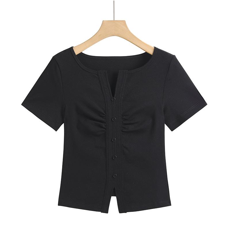 Высококачественная плиссированная короткая футболка с v-образным вырезом на пуговицах и высокой талией. Модная и универсальная женская футболка с короткими рукавами в корейском стиле.