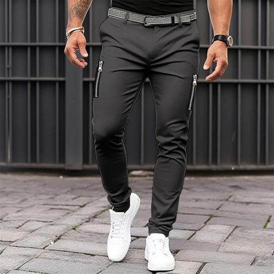 Men Pants Zipper Decor Solid Color Mid Waist Soft Breathable Zip Up Button Closure Pockets Slim Fit Casual Four Seasons Streetwear Jogger Pencil Pants