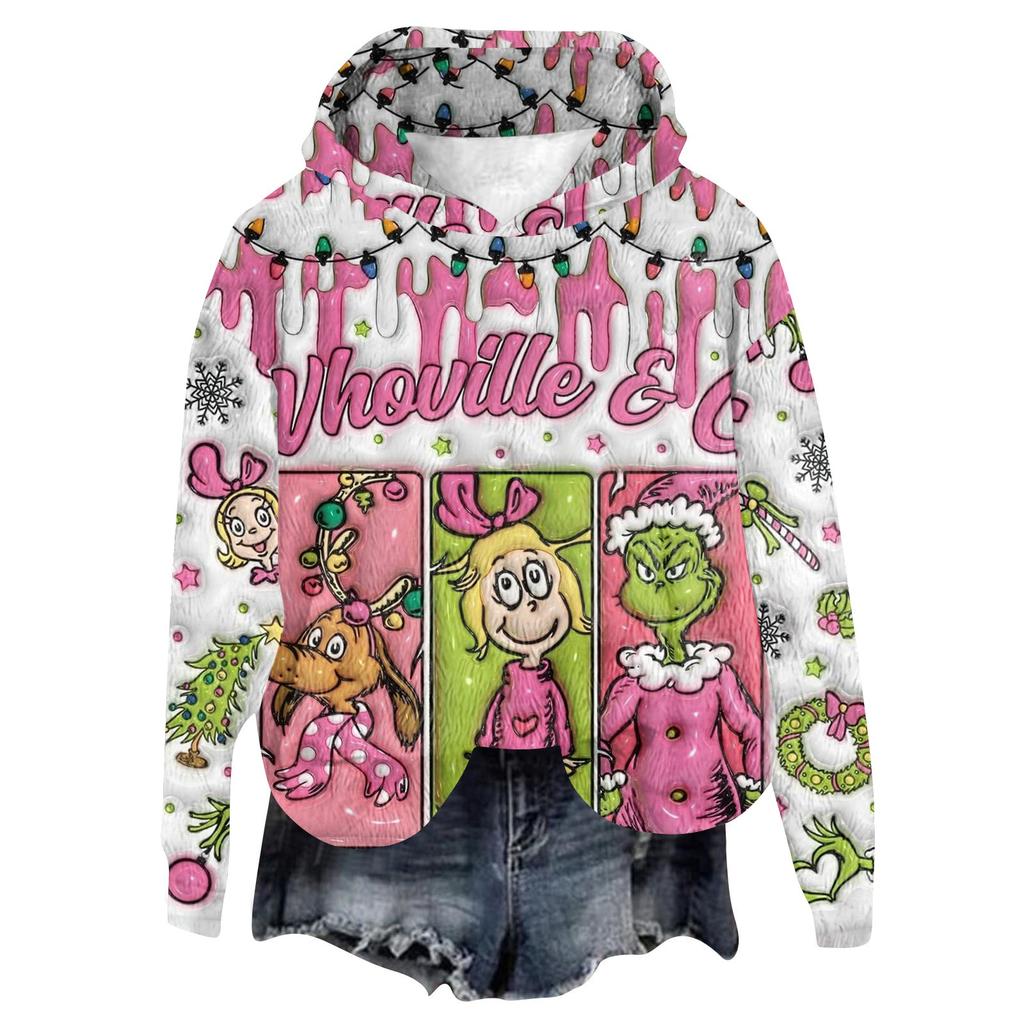 Women's Hooded Long Sleeve Christmas Printed Flannel Top Hooded Sweatshirt