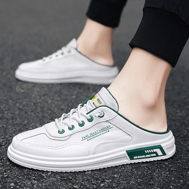 Модные тапочки для мужчин, парусиновая обувь, летняя студенческая универсальная обувь для ходьбы, дышащая повседневная обувь на плоской подошве, мужские полутапочки