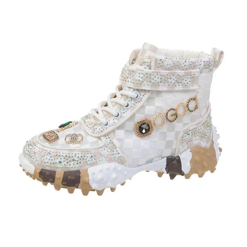 Женские короткие ботинки со стразами, новые модные туфли с толстой подошвой из дуриана, нескользящие, повседневные спортивные туфли класса люкс 2024
