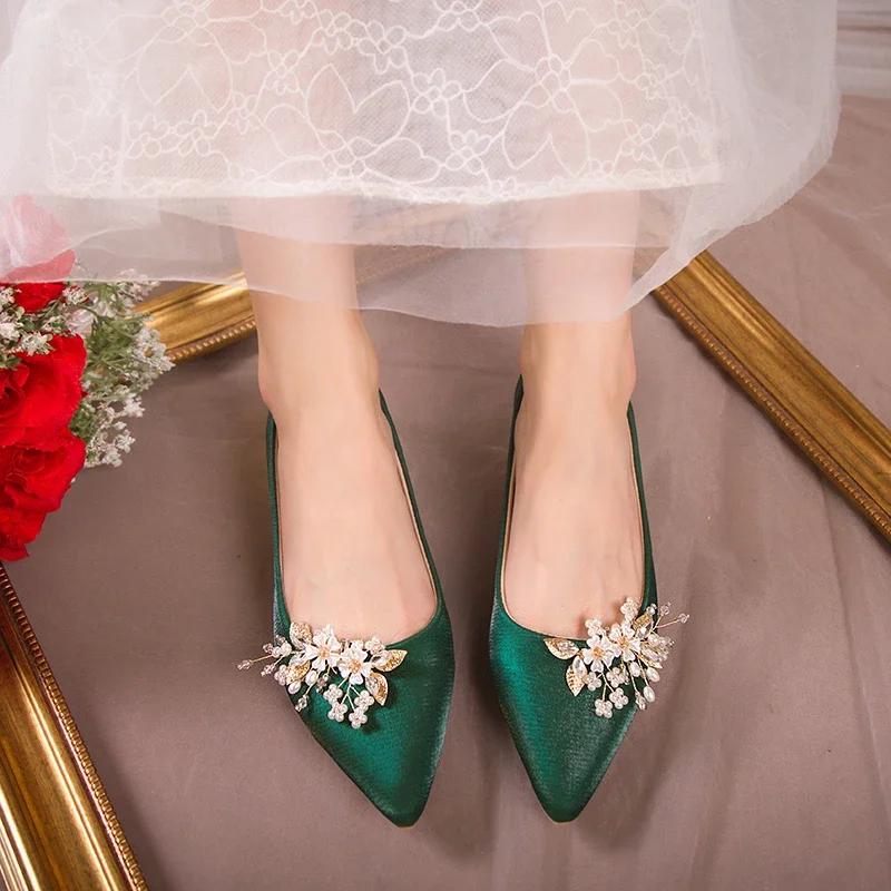 Flowers Pointed Toe Pumps for Women's 2024 New Green Silk Low Heels Shoes Woman Slip On Thin Heeled Lady Shoes Green Party Shoes