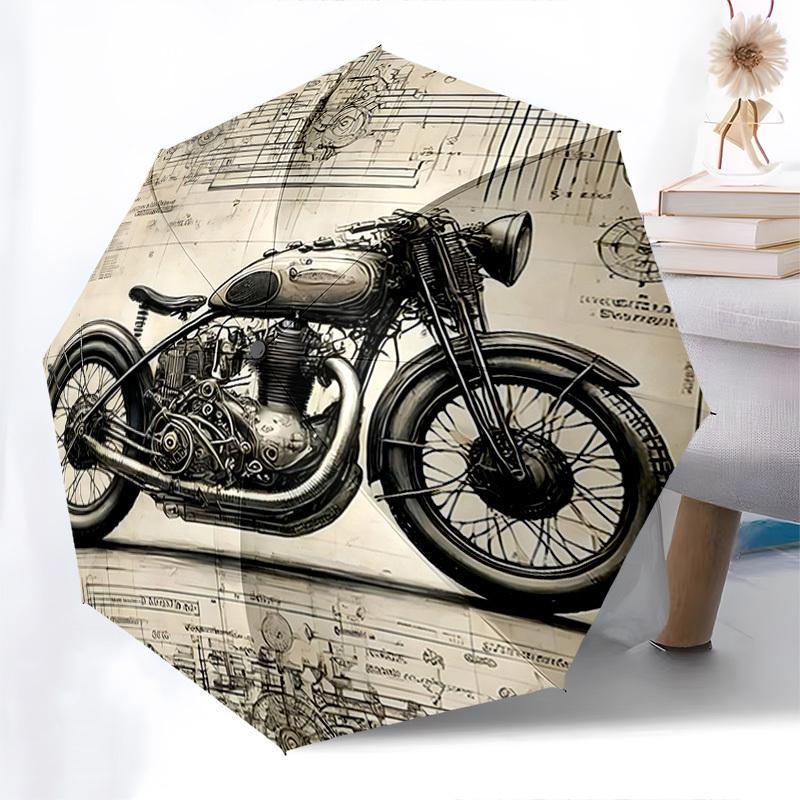 Motorcycle Blueprint Themed Automatic Opening and Closing Umbrella, Brightly Colored 8-rib Portable Umbrella, Suitable for Men and Women, A