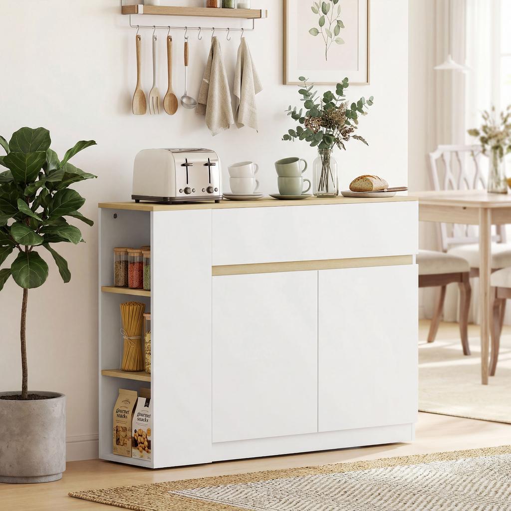 Buffet Storage Cabinet With 2 Drawers 3 Open Shelves And Cupboard 2 Doors 110 X 29.5 X 82 Cm White