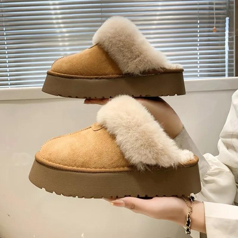 Зимние женские тапочки на платформе, теплые плюшевые тапочки, женские модные домашние и уличные пушистые замшевые мюли, женские зимние хлопковые туфли