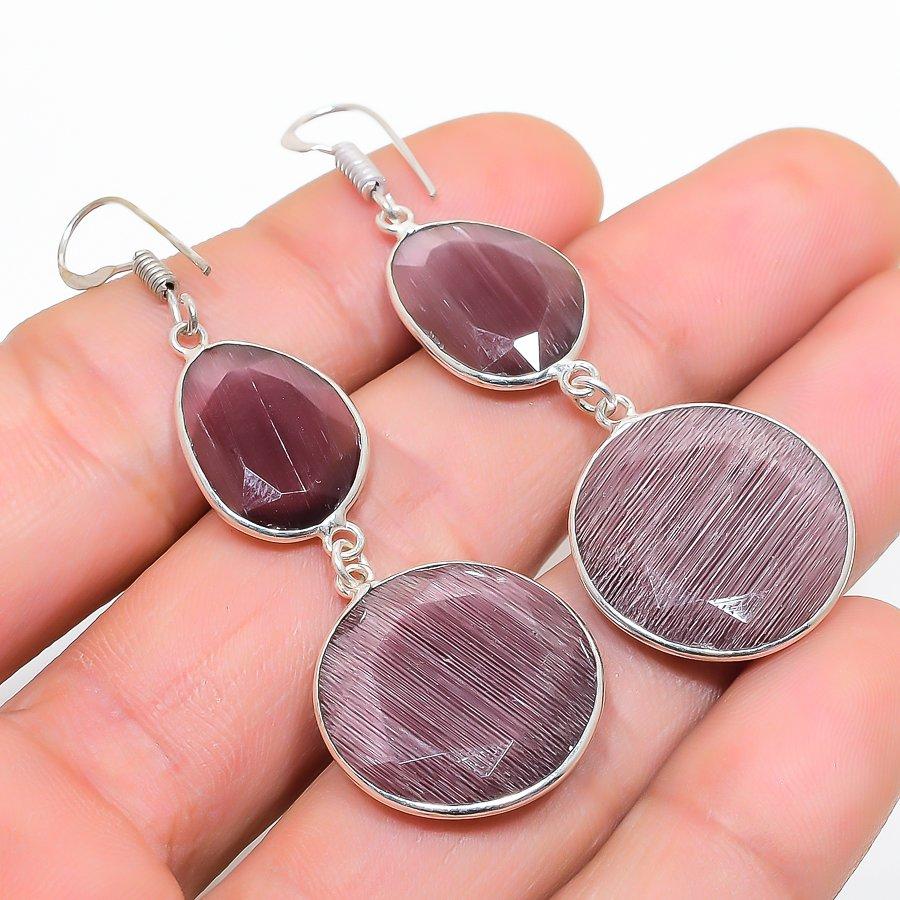 Purple Monalisa Gemstone Handmade 925 Sterling Silver Jewelry Earring 2.56" GK-7256