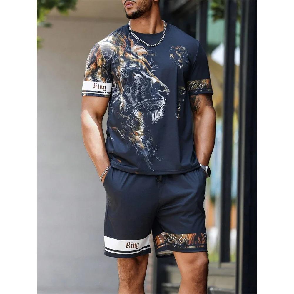 Fashion Lion King 3D Printed Men's Summer Animal Print Relaxed Fit Short Sleeve & Shorts 2-Piece Casual Sport Outfit Set