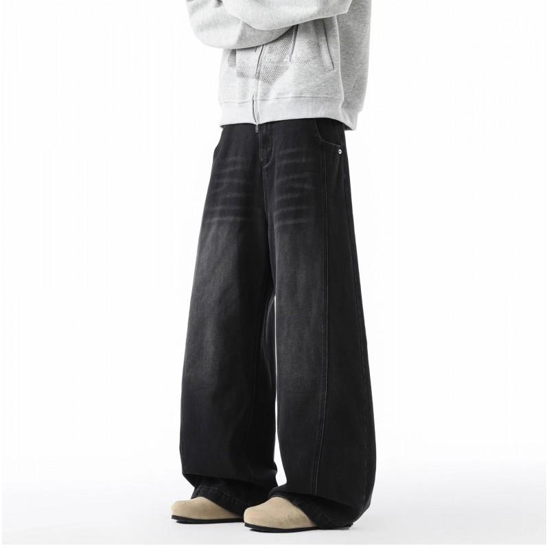 Mens Vintage High Street Wide Leg Jeans Relaxed Straight Casual Trousers Male Trendy Denim Pants