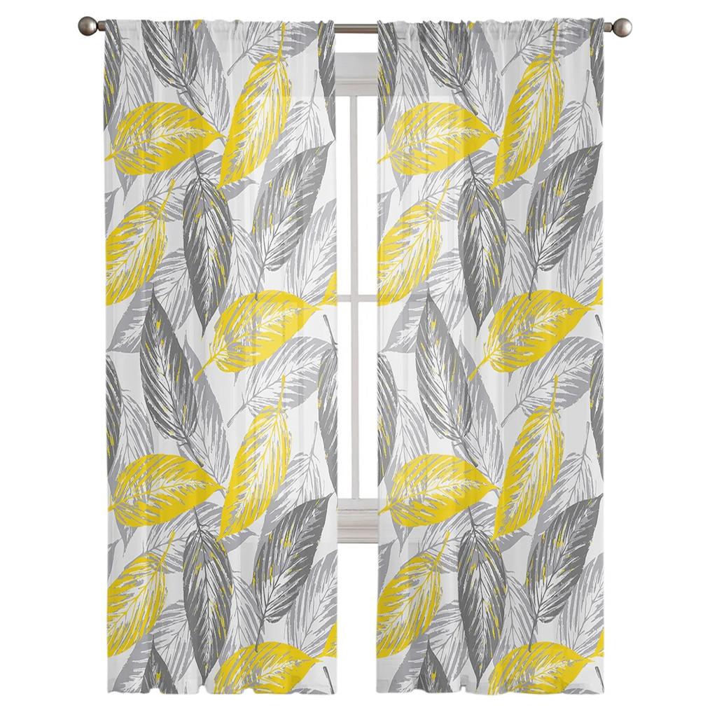 Yellow-Gray Leaves Texture Sheer Curtains For Living Room Bedroom Tulle Curtain For Kitchen Voile Curtain Blind Panels