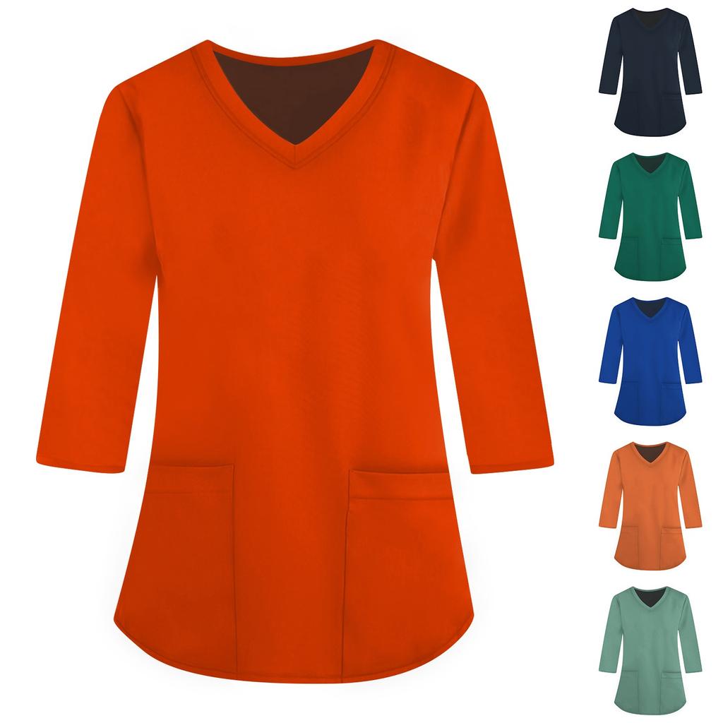 Fashionable V-neck Women's Short Sleeved Three-quarter Sleeved Work Clothes, Pocket Printed Loose Top