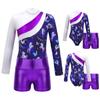 Kids Girls Color Block Printed Gymnastics Dance Outfit Long Sleeve Leotard Jumpsuit with Shorts Suit