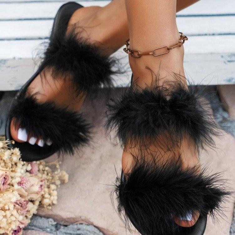 Летние домашние новые пушистые тапочки на плоской подошве женские модные босоножки на низком каблуке ленивые швабры