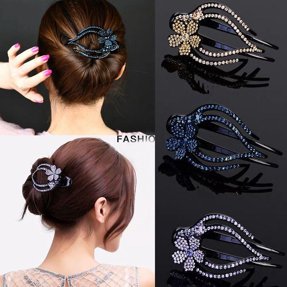 Fashion Women Hairpins Flexible Headwear Rhinestone Hair Clip Heart Flower Acrylic Hollow Claws