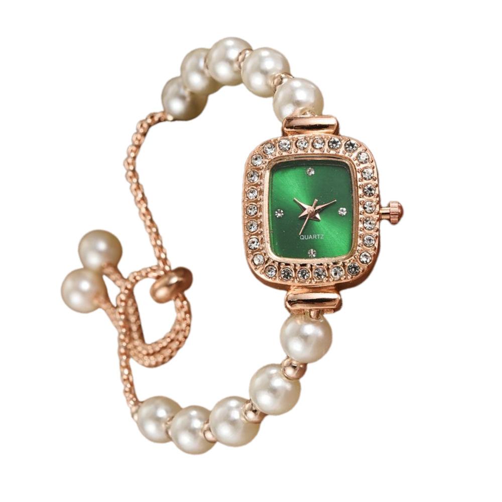 Модные женские часы с жемчужным ремешком, бриллиантовым квадратным циферблатом, браслет с регулировкой, женский подарок, кварцевые часы