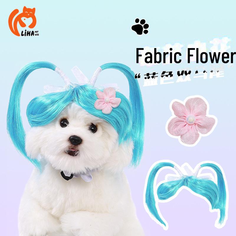 Очаровательный двойной конский хвостик, синий парик для домашних животных - милый головной убор для переодевания кошек и собак