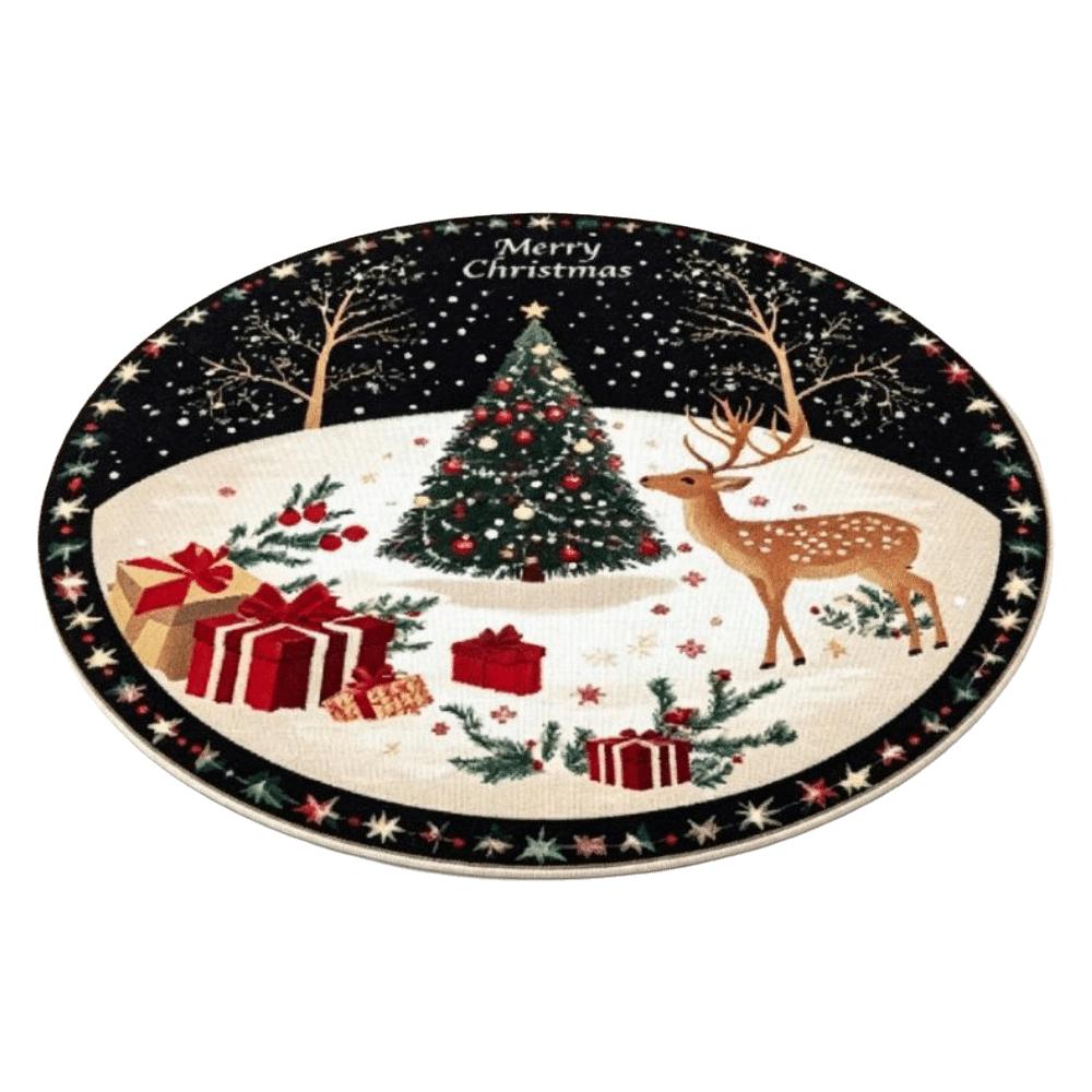 2D Flat Printed Christmas Rug Santa Claus Round Carpet Festive Cheer Christmas Doormat Bedroom