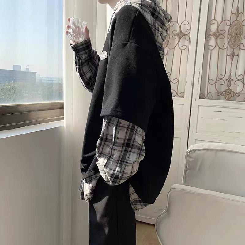 Men's Oversized Trendy Street Style Hoodie – Fake Two-Piece Design, Punk High Street Fashion for Spring and Autumn