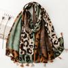 Ladies Retro Scarf Thick Green Leopard Print Silk Scarf Warm Fringed Shawl Accessories