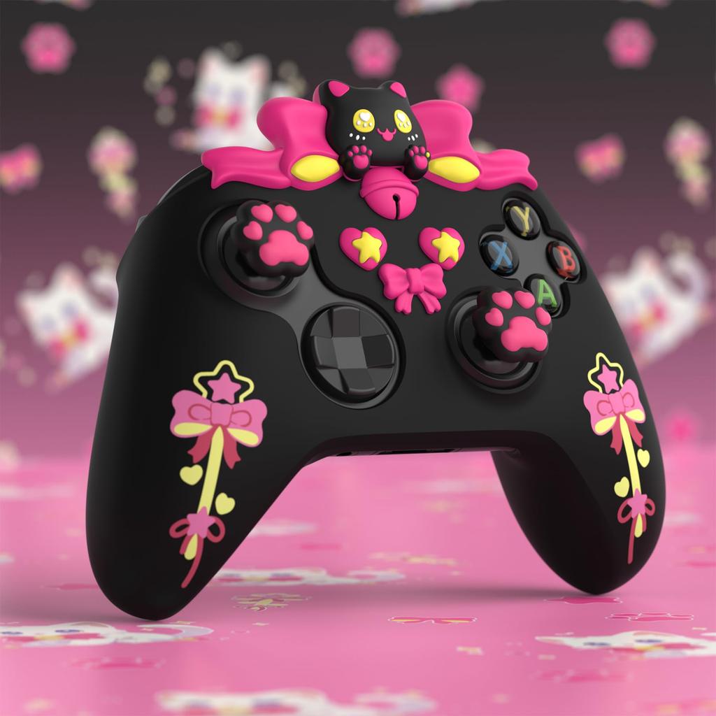 PlayVital Sweetheart Kitty Silicone Cover for Xbox Series Includes Thumb Grips and Cute Grip Cover X/S Controllers, Stickers, Design, Non-Slip [Black]