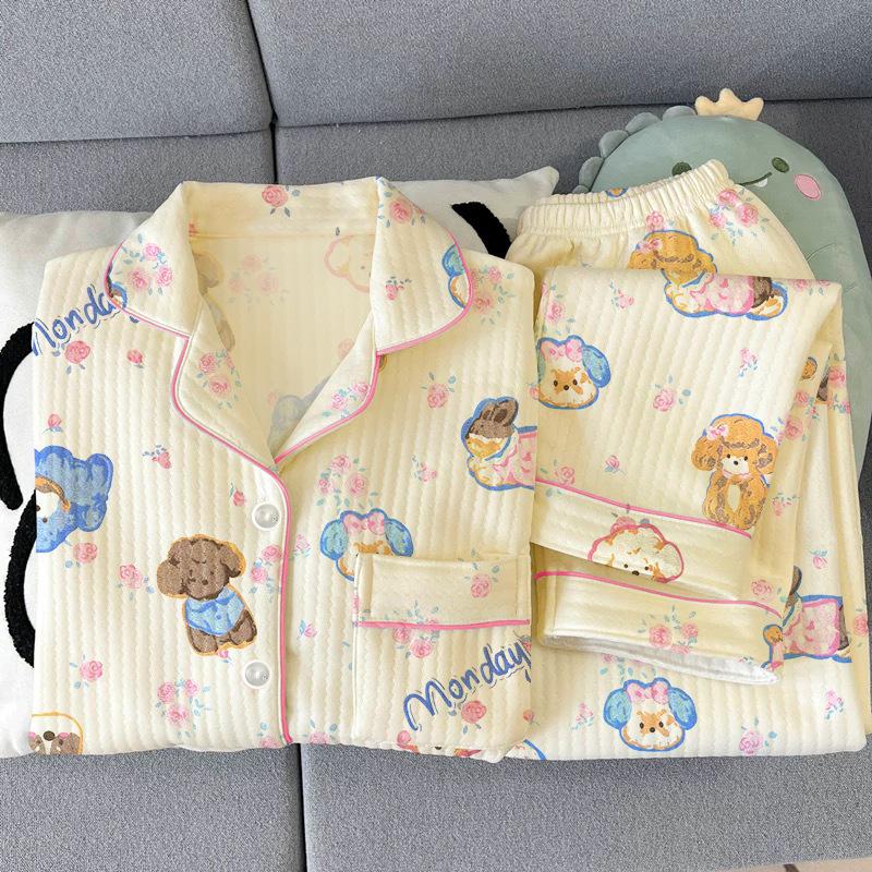 Spring new air cotton pajamas women's season interlayer warm cartoon suit autumn and winter casual loungewear real shot