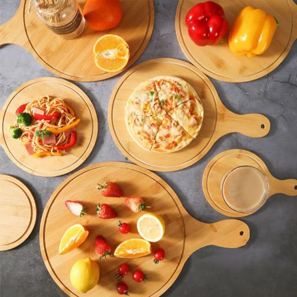 Круглая деревянная доска для пиццы с ручным противнем для выпечки пиццы, бамбуковый поднос для стейка в стиле вестерн, разделочная доска для пиццы, блюдо, инструмент для выпечки торта