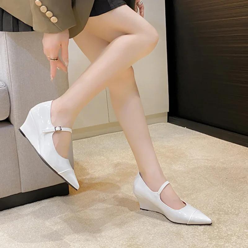 Мода 2024 Осень Новые женские босоножки с острыми пряжками на танкетке и неглубоким носком Модные повседневные туфли на высоком каблуке