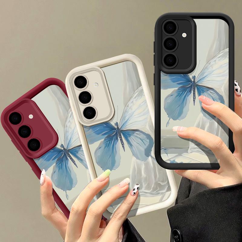 Чехол для Samsung S24 S23 Ultra S22 Plus S21 FE S20 A54 A53 A35 A34 A14, матовый силиконовый противоударный мягкий чехол с синей бабочкой