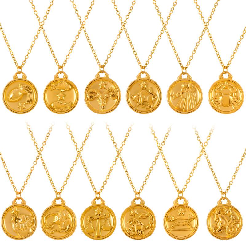 Fenny Fashion Embossed Stars 12 Constellations Round Brand Pendant Necklace 18K Gold Plated Stainless Steel Jewelry