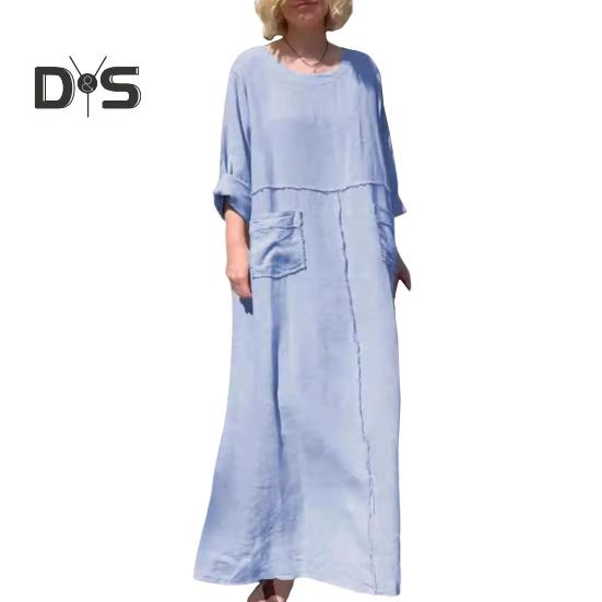 Женское платье с длинными рукавами, свободное однотонное длинное платье с карманами, ретро-стиль, платье трапециевидной формы с круглым вырезом для офиса, повседневной жизни, пляжной вечеринки