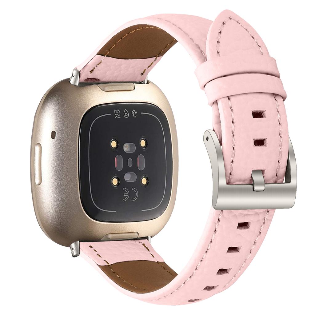 Litchi Textured Genuine Cow Leather Strap with Electroplated Buckle for Fitbit Versa 3/Sense Pointed-End Watch Band
