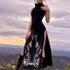 Turtleneck High Elegent Beauty Lady Dress Dress Women Gothic Print Sleeveless Women Dress Split Midi