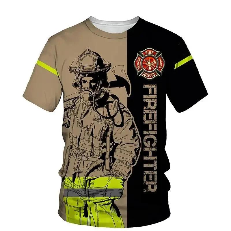 Летний топ с круглым вырезом и 3D-принтом пожарного, модная повседневная мужская футболка с коротким рукавом